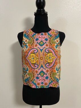 Fate Top Women’s Size Small Multicolor Paisley print Cropped Linen blend Top
